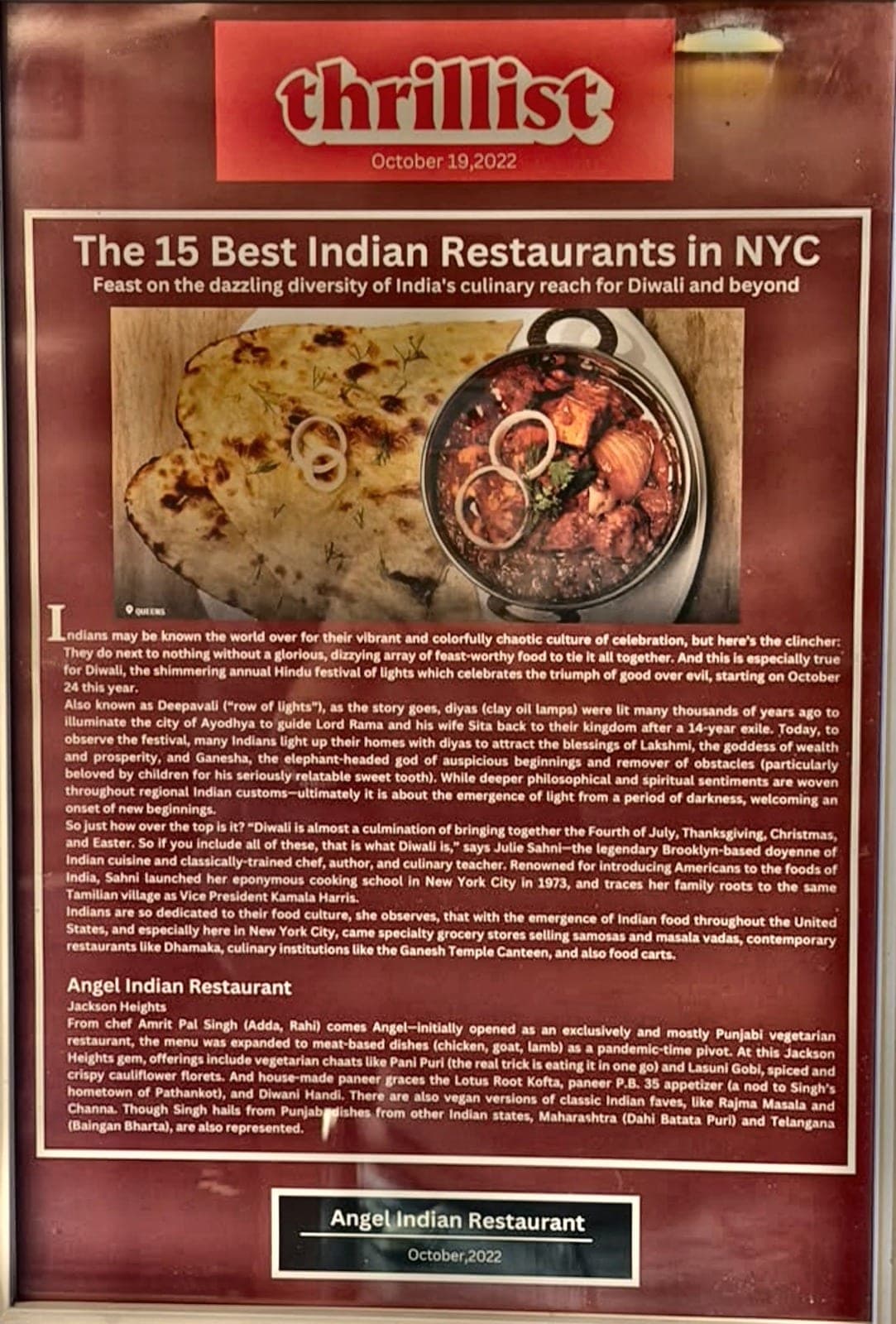 Framed Thrillist feature naming Angel Indian Restaurant among the 15 best Indian restaurants in NYC, October 2022